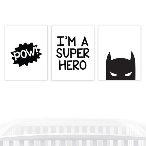 Nursery Room Wall Art, Minimalist Scandinavian Black White, Pow I'm a Superhero-Set of 3-Andaz Press-