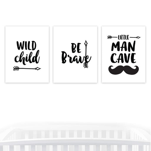 Nursery Room Wall Art, Minimalist Scandinavian Black White, Wild Child Be Brave Little Man Cave-Set of 3-Andaz Press-