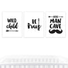 Nursery Room Wall Art, Minimalist Scandinavian Black White, Wild Child Be Brave Little Man Cave-Set of 3-Andaz Press-