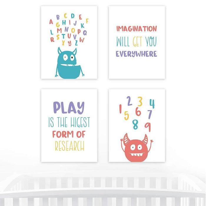 Nursery Room Wall Art, Monsters Alphabet Numbers Imagination-Set of 4-Andaz Press-