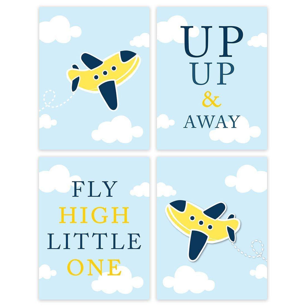 Nursery Room Wall Art, Planes Airplanes, Up Up & Away, Fly High Little One-Set of 4-Andaz Press-