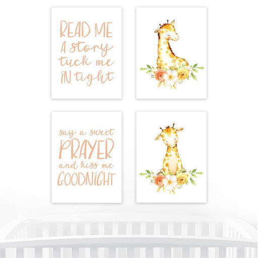 Nursery Room Wall Art, Read Me a Story Tuck Me in Tight Say a Sweet Prayer Kiss Me Goodnight, Girl Giraffe-Set of 4-Andaz Press-