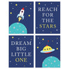 Nursery Room Wall Art, Rocket Ship UFO Galaxy Theme, Reach for The Stars, Dream Big Little One-Set of 4-Andaz Press-