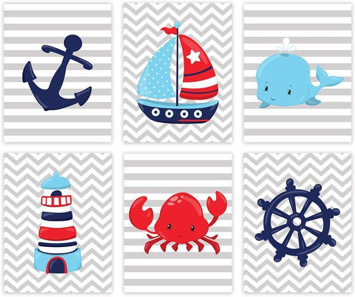 Ocean Nautical Theme Nursery Hanging Wall Art, Red Navy Blue Sailboat Anchor Captain's Wheel-Set of 6-Andaz Press-