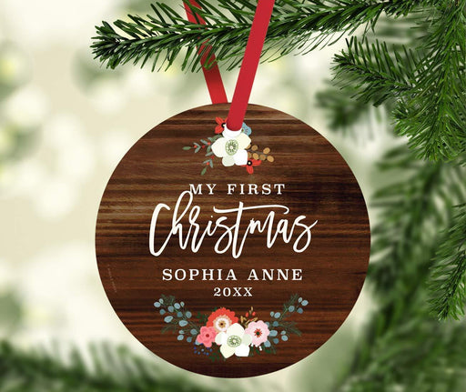 Personalized Baby's 1st Christmas Metal Ornament, My First Christmas, Custom Name, Custom Year, Rustic Wood Florals Name-Set of 1-Andaz Press-