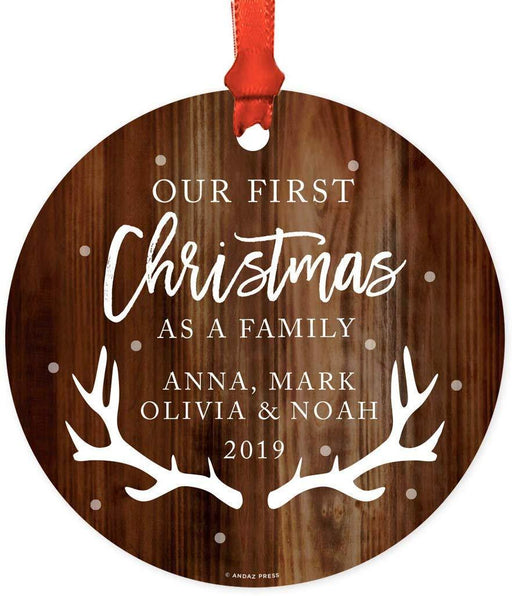 Personalized Blended Family Metal Christmas Ornament, Our First Christmas as a Family, Rustic Wood Name-Set of 1-Andaz Press-