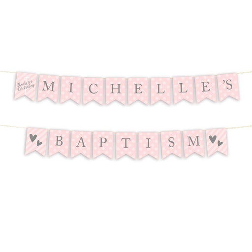 Personalized Blush Pink and Gray Baby Girl Baptism Hanging Pennant Banner with String, Thanks for Celebrating-set of 1-Andaz Press-