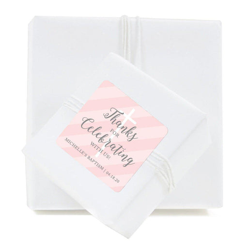 Personalized Blush Pink and Gray Baby Girl Baptism Square Label Stickers, Thank You for Celebrating with US-set of 40-Andaz Press-