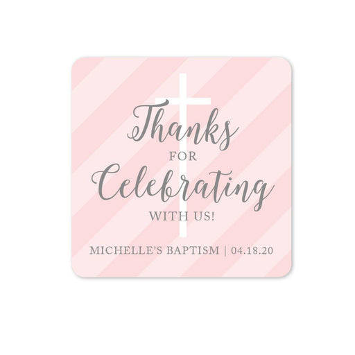 Personalized Blush Pink and Gray Baby Girl Baptism Square Label Stickers, Thank You for Celebrating with US-set of 40-Andaz Press-