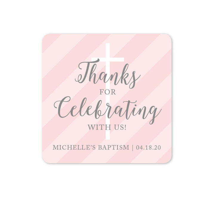 Personalized Blush Pink and Gray Baby Girl Baptism Square Label Stickers, Thank You for Celebrating with US-set of 40-Andaz Press-