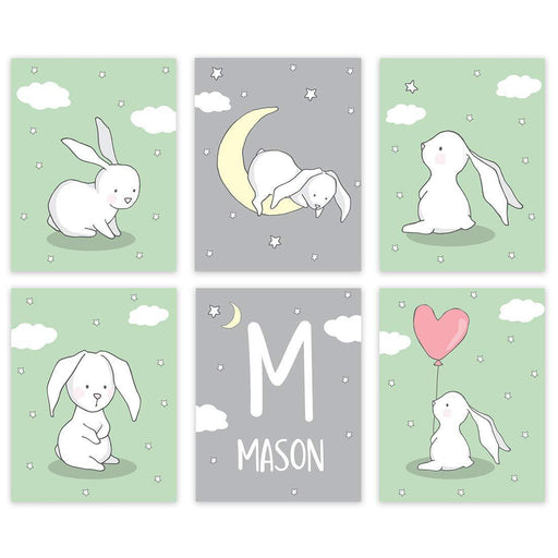 Personalized Bunny Rabbit Nursery Room Hanging Wall Art-Set of 6-Andaz Press-Mint Green-