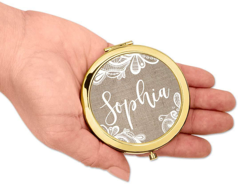 Personalized Burlap Lace Compact Mirror-Set of 1-Andaz Press-Gold Bridesmaid Custom-