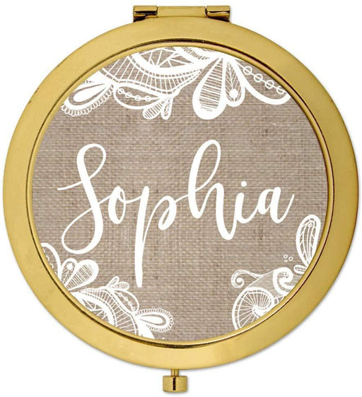 Personalized Burlap Lace Compact Mirror-Set of 1-Andaz Press-Gold Bridesmaid Custom-