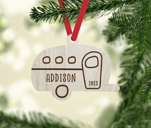 Personalized Engraved Real Wood Christmas Ornament, Camper Trailer-Set of 1-Andaz Press-