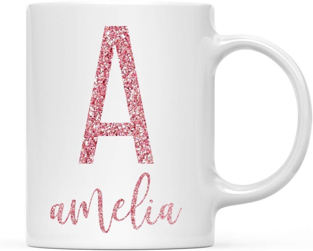 Personalized Faux Pink Glitter Coffee Mug Gift Monogram Initial Letter with Name-Set of 1-Andaz Press-