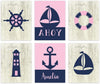 Personalized Girls Nautical Theme Nursery Hanging Wall Art, Pink Navy Blue, Ahoy, Boat-Set of 6-Andaz Press-