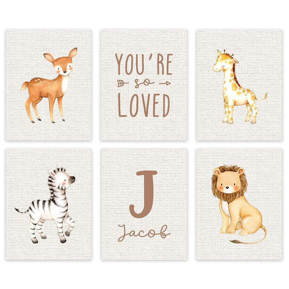 Personalized Jungle Safari Theme Nursery Room Hanging Wall Art, You're So Loved, Lion, Zebra, Giraffe, Deer-Set of 6-Andaz Press-