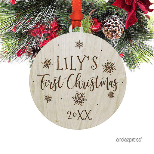 Personalized Laser Engraved Wood Christmas Ornament, Baby's First Christmas, Custom Name, Elegant Snowflakes-Set of 1-Andaz Press-