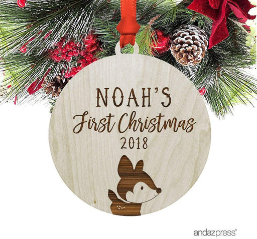 Personalized Laser Engraved Wood Christmas Ornament Babys First Christmas Custom Name Woodland Deer-Set of 1-Andaz Press-