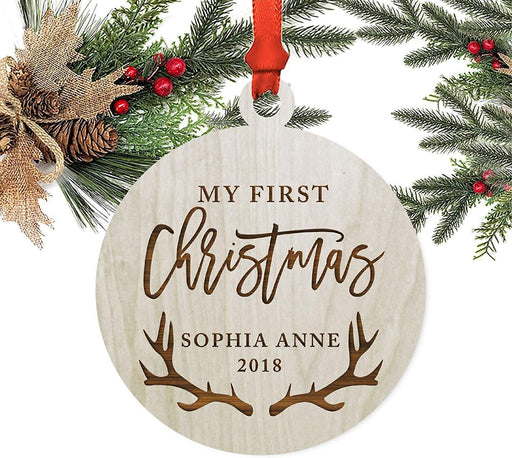 Personalized Laser Engraved Wood Ornament My First Christmas Custom Name Deer Antlers-Set of 1-Andaz Press-