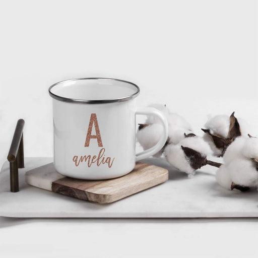 Personalized Metal Camping Mug Gift Faux Rose Gold Glitter Monogram Custom Initial Letter and Name-Set of 1-Andaz Press-