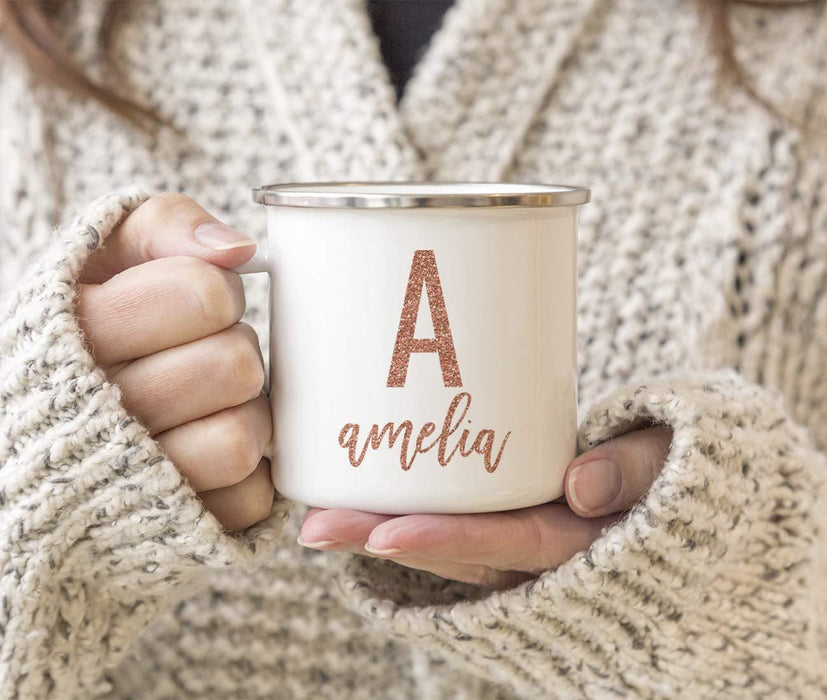 Personalized Metal Camping Mug Gift Faux Rose Gold Glitter Monogram Custom Initial Letter and Name-Set of 1-Andaz Press-