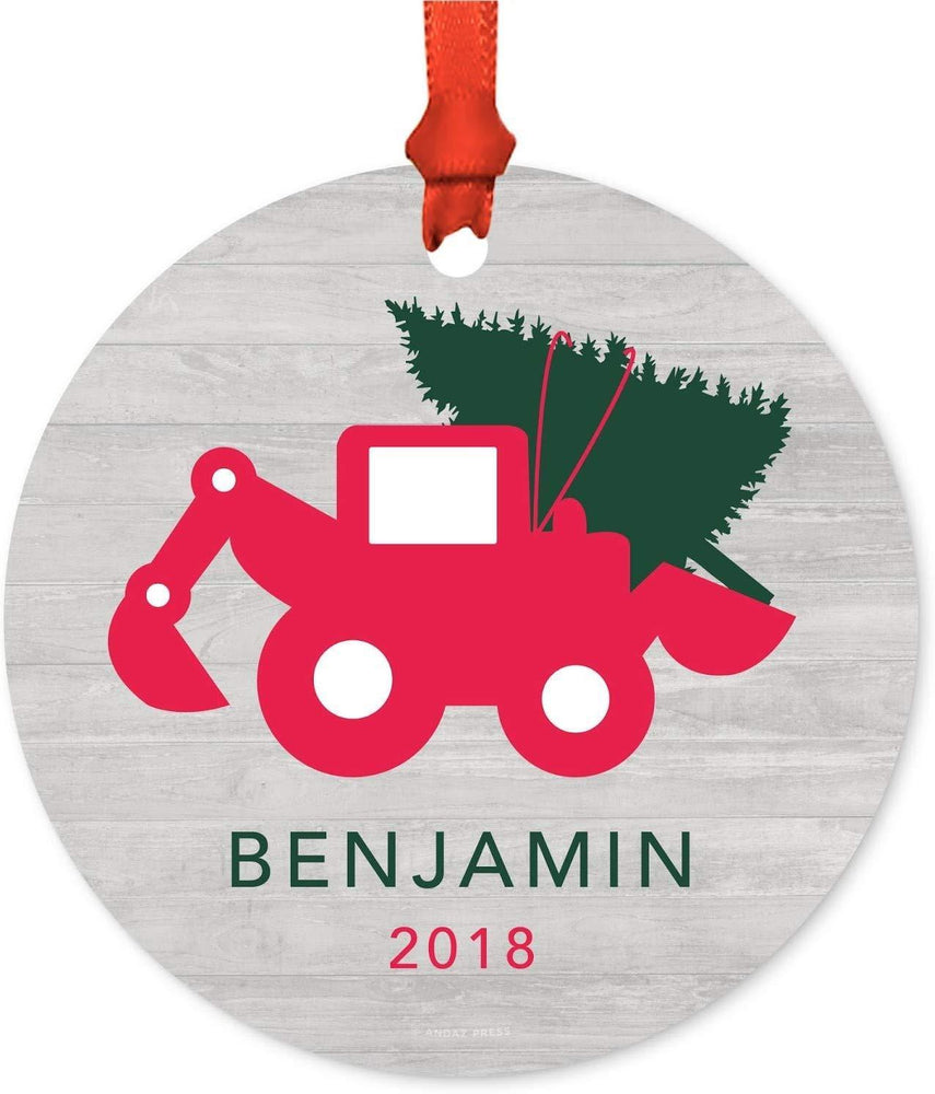 Personalized Metal Christmas Ornament, Construction Digger with Christmas Tree, Custom Name-Set of 1-Andaz Press-