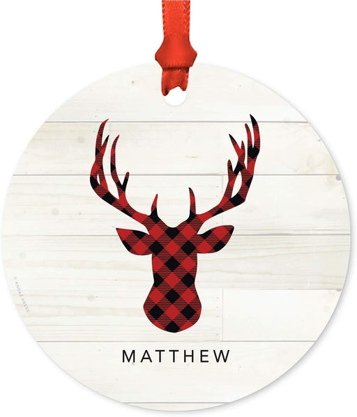 Personalized Metal Christmas Ornament, Custom Name, Red Plaid Buck Deer Head with Antlers-Set of 1-Andaz Press-