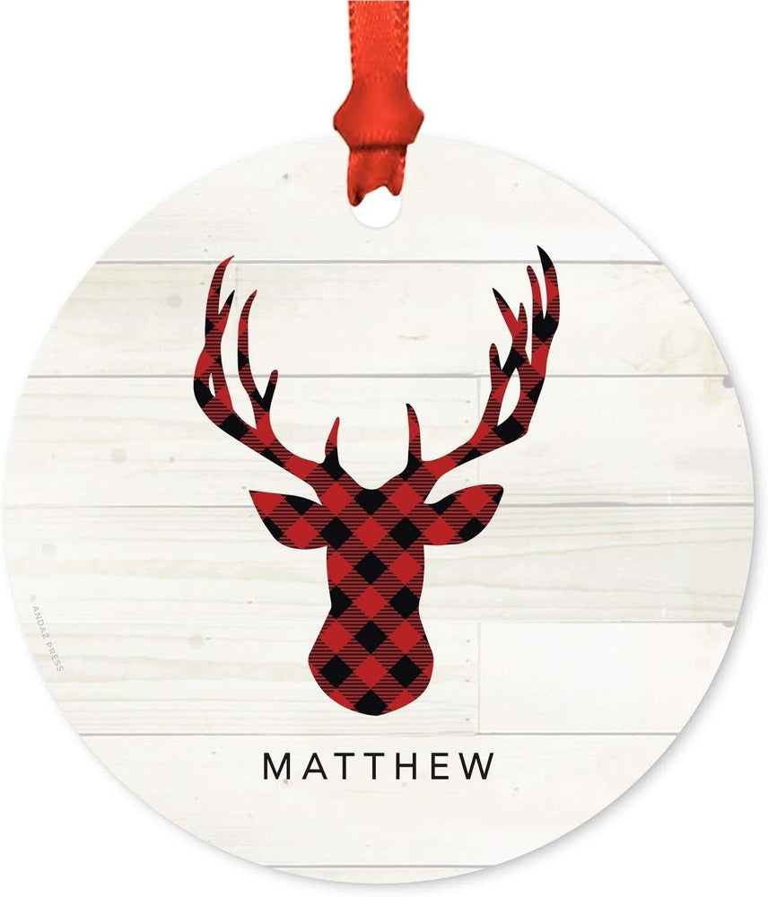 Personalized Metal Christmas Ornament, Custom Name, Red Plaid Buck Deer Head with Antlers-Set of 1-Andaz Press-