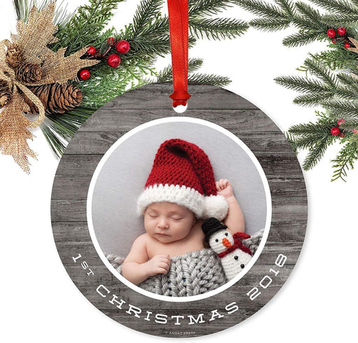 Personalized Metal Christmas Ornament, Gray Rustic Wood, 1st Christmas, Custom Year & Photo-Set of 1-Andaz Press-