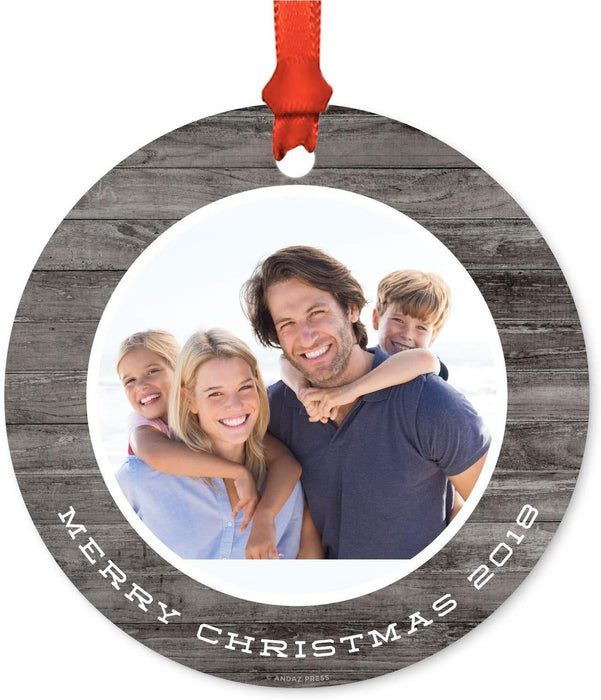 Personalized Metal Christmas Ornament, Gray Rustic Wood, Merry Christmas, Custom Year & Photo-Set of 1-Andaz Press-