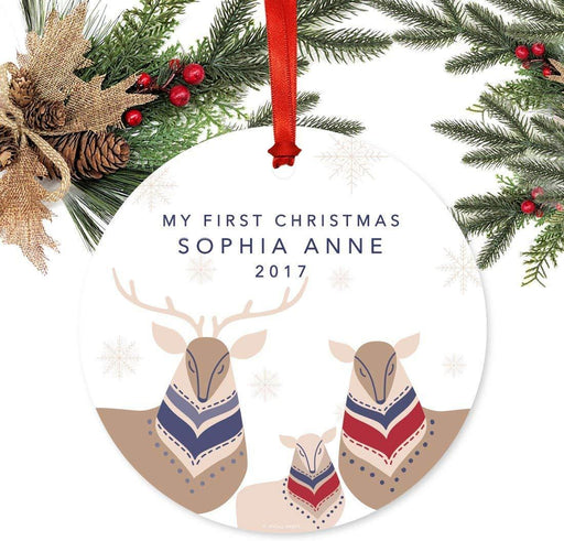 Personalized Metal Christmas Ornament, My First Christmas, Custom Name & Year, Scandinavian Swedish Style Animals-Set of 1-Andaz Press-