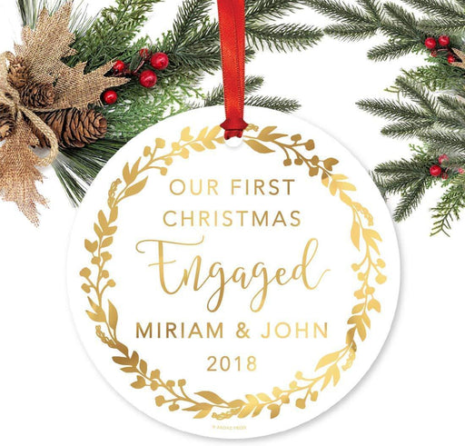 Personalized Metal Christmas Ornament, Our First Christmas Engaged, Custom Names & Year, Gold Holiday Wreath-Set of 1-Andaz Press-