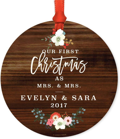 Personalized Metal Christmas Ornament, Our First Christmas as Mrs. & Mrs., Custom Name & Year, Rustic Wood Florals-Set of 1-Andaz Press-