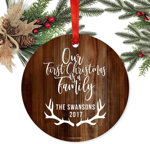 Personalized Metal Christmas Ornament, Our First Christmas as a Family, Custom Names & Year, Deer-Set of 1-Andaz Press-