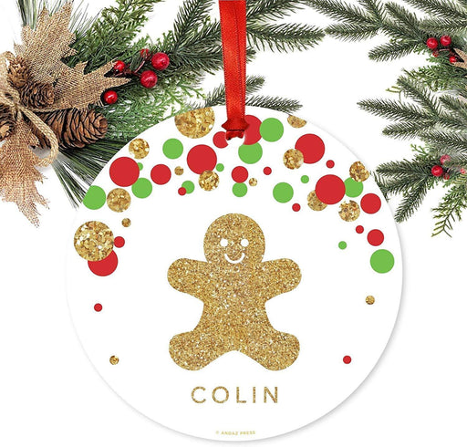 Personalized Metal Christmas Ornament, Red Green Gold Glittering Gingerbread Man-Set of 1-Andaz Press-