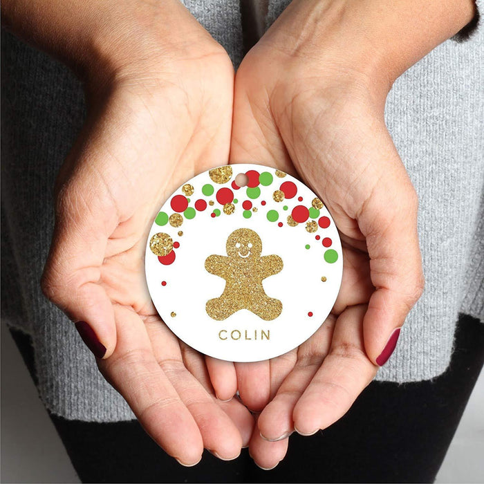 Personalized Metal Christmas Ornament, Red Green Gold Glittering Gingerbread Man-Set of 1-Andaz Press-