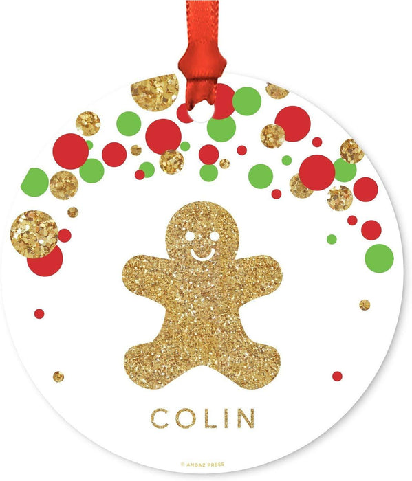 Personalized Metal Christmas Ornament, Red Green Gold Glittering Gingerbread Man-Set of 1-Andaz Press-