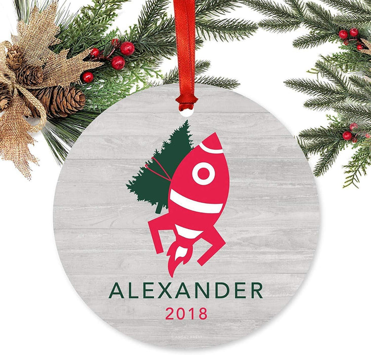 Personalized Metal Christmas Ornament, Rocket Ship with Christmas Tree, Custom Name-Set of 1-Andaz Press-