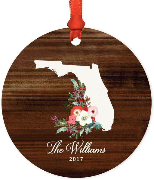 Personalized Metal Christmas Ornament, Rustic Wood with Florals, Florida, Custom Name-Set of 1-Andaz Press-