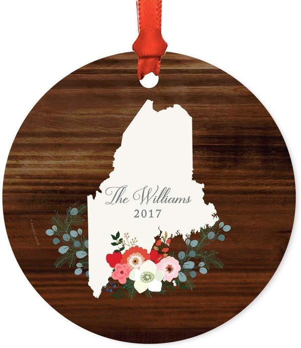 Personalized Metal Christmas Ornament, Rustic Wood with Florals, Maine, Custom Name-Set of 1-Andaz Press-