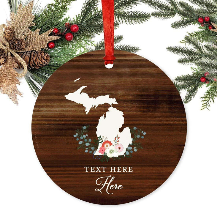 Personalized Metal Christmas Ornament, Rustic Wood with Florals, Michigan, Custom Name-Set of 1-Andaz Press-