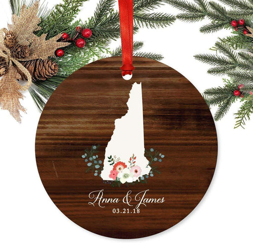 Personalized Metal Christmas Ornament, Rustic Wood with Florals, New Hampshire, Custom Name-Set of 1-Andaz Press-