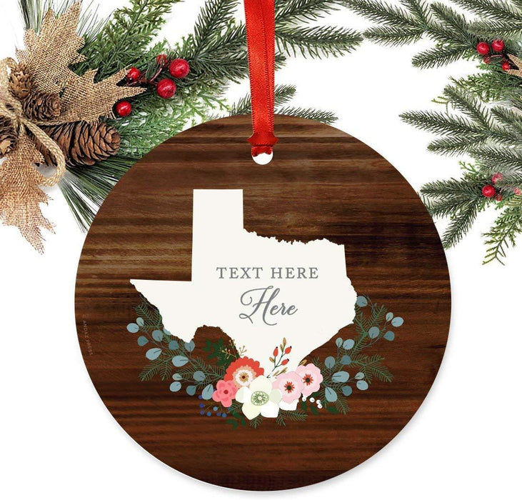 Personalized Metal Christmas Ornament, Rustic Wood with Florals, Texas, Custom Name-Set of 1-Andaz Press-