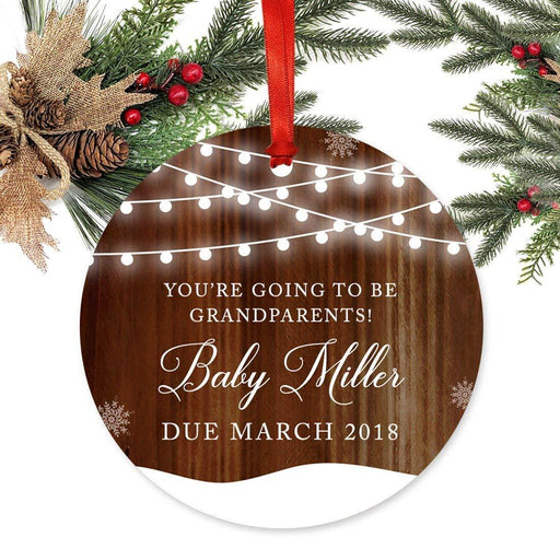 Personalized Metal Christmas Ornament, You're Going to be Grandparents!, Custom Name & Date, Rustic Wood Snow Shining Ball Lights-Set of 1-Andaz Press-