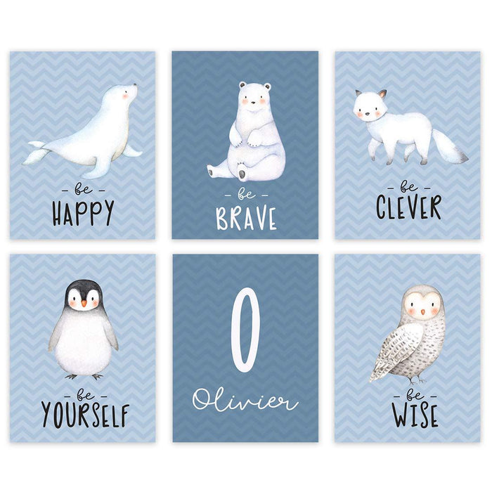 Personalized Nursery Room Arctic Animals Wall Art, Inspirational Winter Blue Chevron, Penguin, Owl, Fox Name-Set of 6-Andaz Press-