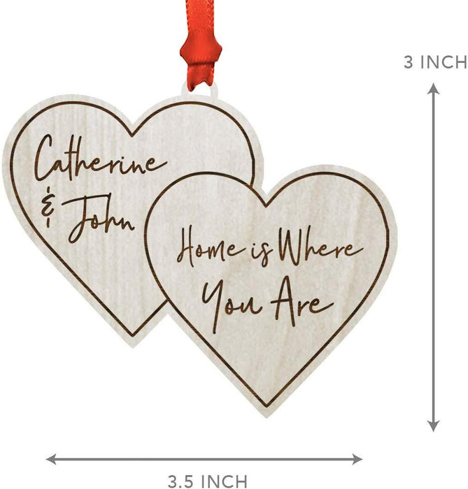 Personalized Real Wood Rustic Christmas Ornament, Double Hearts, Home is Where You are, Names-Set of 1-Andaz Press-