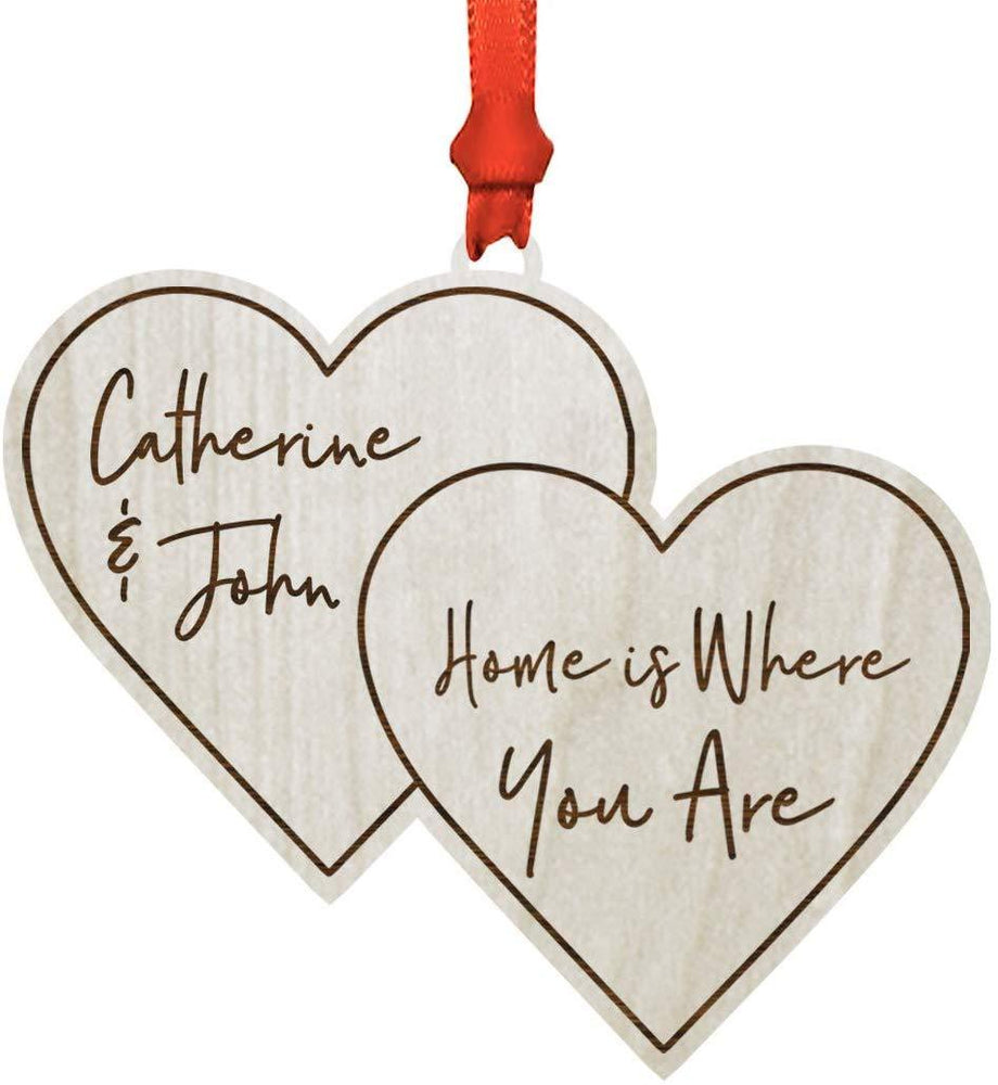 Personalized Real Wood Rustic Christmas Ornament, Double Hearts, Home is Where You are, Names-Set of 1-Andaz Press-