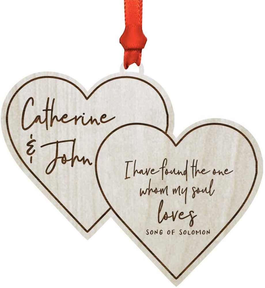 Personalized Real Wood Rustic Christmas Ornament, Double Hearts, I Have Found The one whom My Soul Loves, Names-Set of 1-Andaz Press-