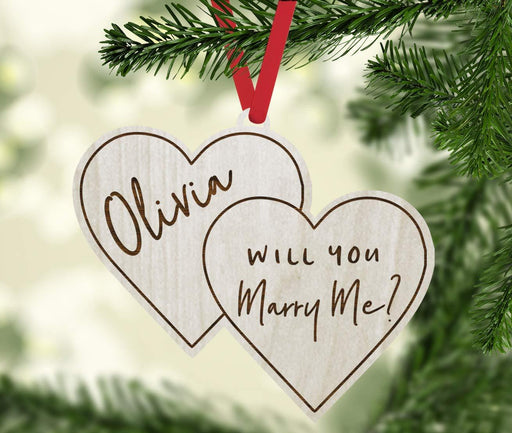 Personalized Real Wood Rustic Christmas Ornament, Double Hearts, Olivia, Will You Marry Me?-Set of 1-Andaz Press-